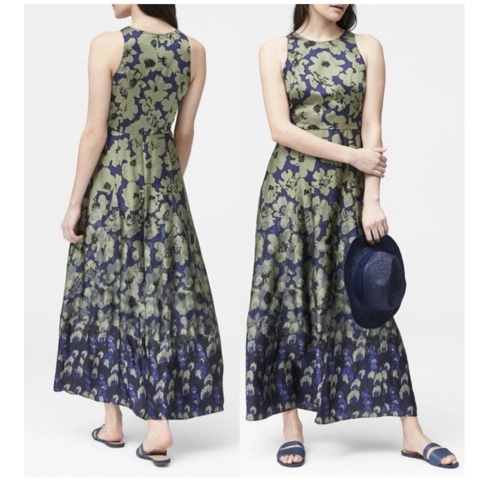 Banana Republic Fit&Flare Satin Maxi Floral Dress Blue Green Wedding Guest Sz 2P